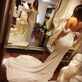 Glittering  Satin Off Shoulder Court Train Mermaid Prom Dresses